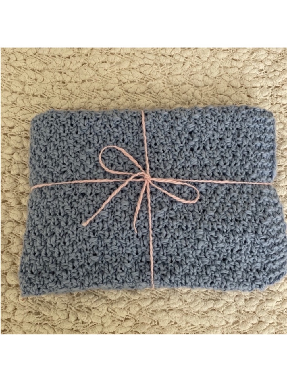 New Hand knit eco organic cotton soft blue baby blanket